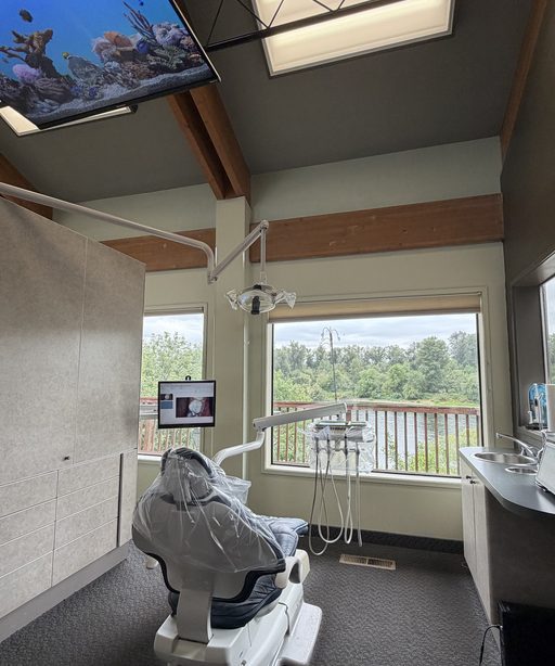 Riverfront Dental â treatment room overlooking the Willamette River